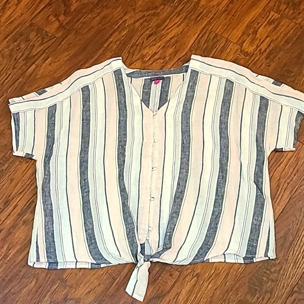 VINCE CAMUTO Ladies Pink Black White Linen Button Down Blouse‎ - Size 2X